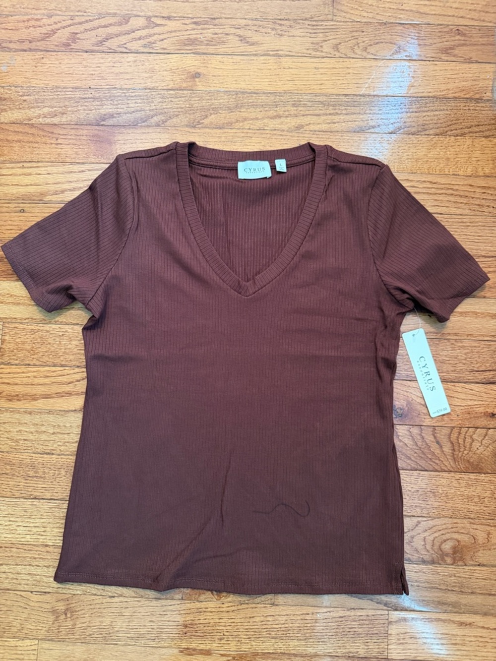 Cyrus Short-Sleeve Ribbed V-Neck Tee in Chocolate Brown